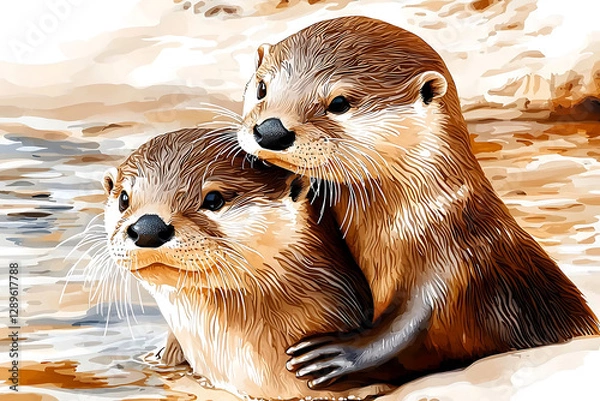 Fototapeta Two otters are depicted in a loving embrace one perched on the other in a watercolor-style illustration.