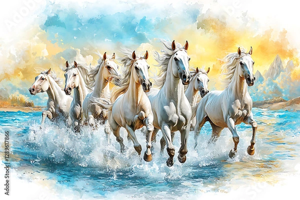 Fototapeta A painted scene shows a group of white horses gallop through turquoise waves under a warm sunny sky.