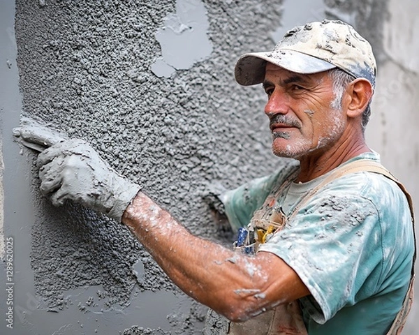 Obraz Worker carefully applying plaster on a textured wall