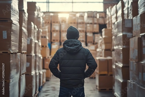 Obraz Person Standing In Warehouse Facing Boxes Looking Forward
