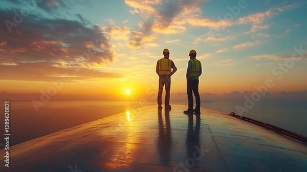 Obraz Two Construction Workers Watching A Sunset Over Ocean Waters