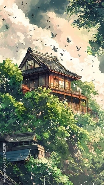 Obraz Japanese house overlooking lush green trees and flying birds
