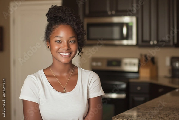 Obraz Beautiful young woman smiling in a modern kitchen, exuding a natural and stylish elegance