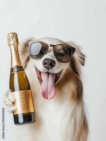 Obraz Dog posing with bottle and sunglasses, celebrating with style and humor at a fun party