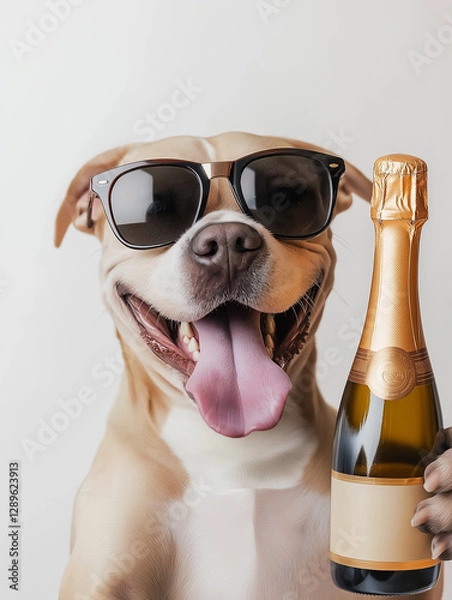 Obraz Dog celebration with sunglasses, champagne, and a happy smile for party joy and pet fun.