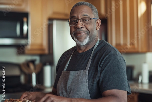 Obraz Man with apron smiling in kitchen, wearing glasses, cooking with wood and enjoying meal