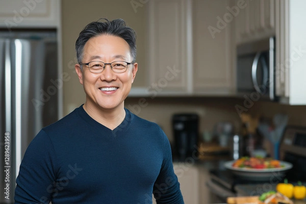 Obraz Portrait of a smiling man in a kitchen with glasses and a casual outfit, indoors and happy