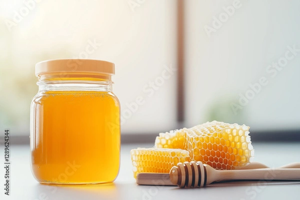 Obraz Golden honey in a jar with honeycomb: Sweet, fresh, natural, and delicious organic treat.