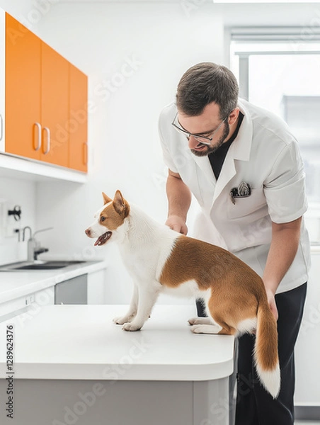 Obraz Basenji dog at veterinarian clinic for canine health examination and medical care checkup