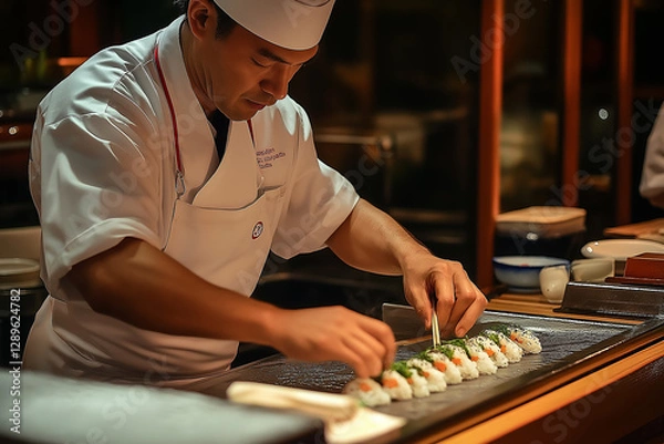 Obraz Expert sushi chef in restaurant meticulously preparing Japanese food with culinary precision