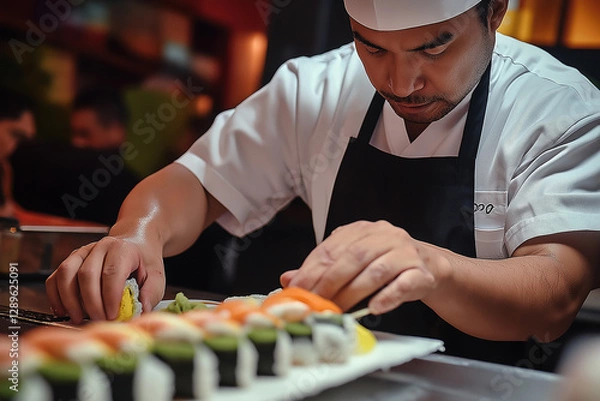 Obraz Sushi chef preparing exquisite Japanese cuisine in a culinary setting with fresh ingredients