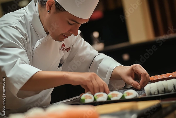 Obraz Professional chef preparing sushi in a Japanese restaurant with culinary expertise and artistry