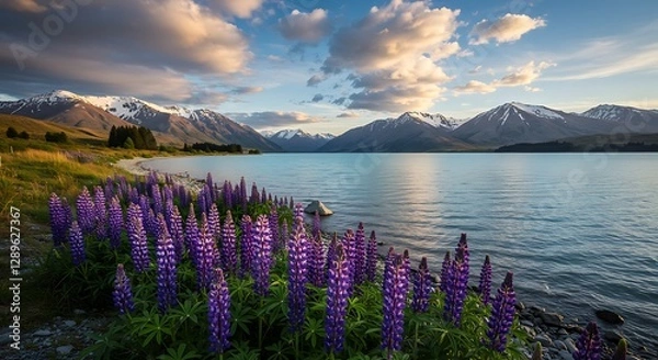 Fototapeta Lupine Flowers Blooming by Lake with Mountains and Cloudy Sky