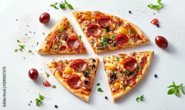 Fototapeta Minimalist pepperoni pizza slices with vibrant toppings scattered on a clean white surface, sharp contrast and warm tones enhancing their appetizing look