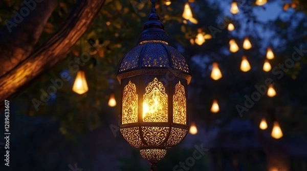 Fototapeta A warm, enchanting lantern glows softly in the twilight, casting a magical ambiance among twinkling lights hanging from a tree, creating a serene and peaceful night scene.