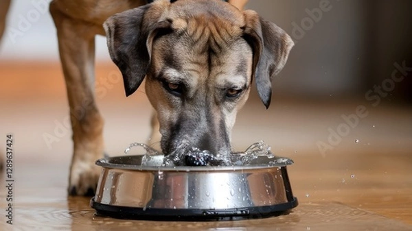 Fototapeta Dog drinking water from a metal bowl, splashing and creating a mess on a shiny wooden floor.  Hydration is key!  