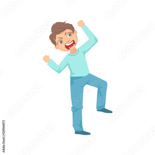Fototapeta Boy Screming Angry Teenage Bully Demonstrating Mischievous Uncontrollable Delinquent Behavior Cartoon Illustration