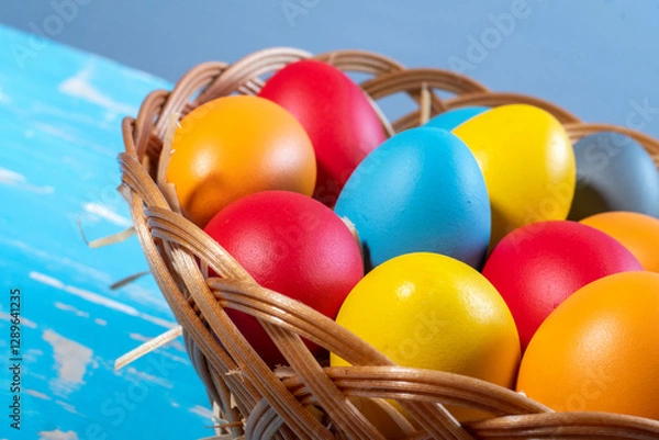 Obraz easter basket with straw and colored eggs