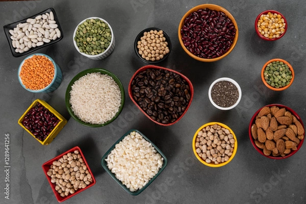 Obraz several pots with raw grains for preparing healthy food