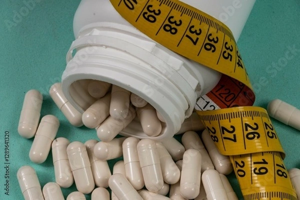 Obraz bottle of pills, some of which spilled onto a light blue surface