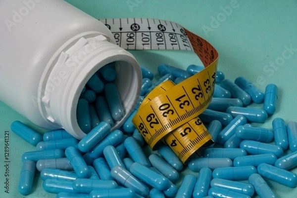Obraz bottle of pills, some of which spilled onto a light blue surface