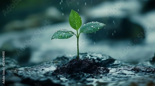 Obraz A small seedling sprouting from the earth during a rain shower