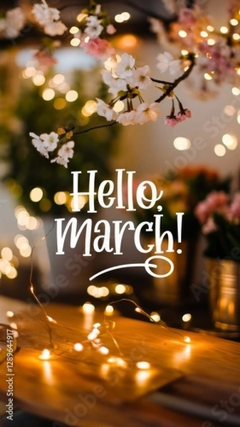 Fototapeta Cozy Spring Indoor Scene with Cherry Blossoms and 'Hello, March!' Text Generative aI