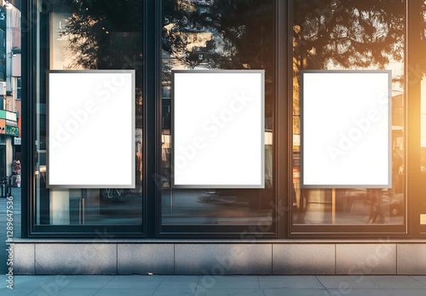 Fototapeta Three empty illuminated poster frame mockups on a glass storefront with warm sunset reflections, blank advertising billboards for retail branding and visual merchandising