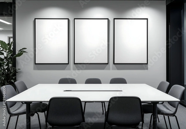 Obraz Three empty poster frame mockups mounted on a dark conference room wall with professional lighting, blank wall art templates for corporate branding and business presentations