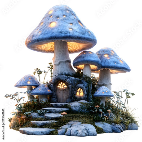 Fototapeta A Fluffy 3D Cartoon Fairytale Forest with Soft Glowing Mushroom House Isolated on Transparent Background