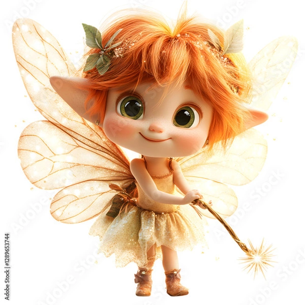 Fototapeta Fluffy 3D Cartoon Fairy with Puffy Wings and Spark Isolated on Transparent Background