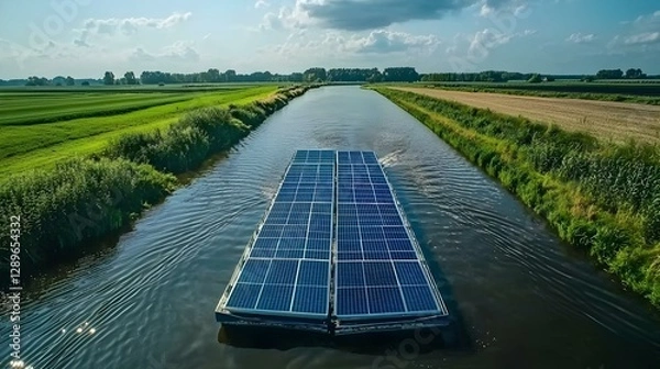 Fototapeta Floating Solar Panels on Canal Renewable Energy Sustainable Technology