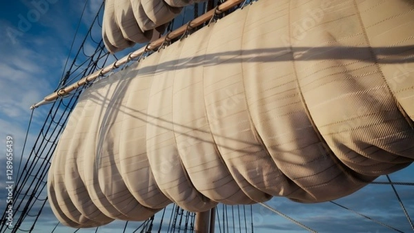 Fototapeta Detailed view of the sail on a classic sailing ship, featuring its texture, rigging, and against a backdrop of a blue sky with clouds. 
