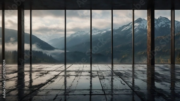 Fototapeta Living room with panoramic window and nature view