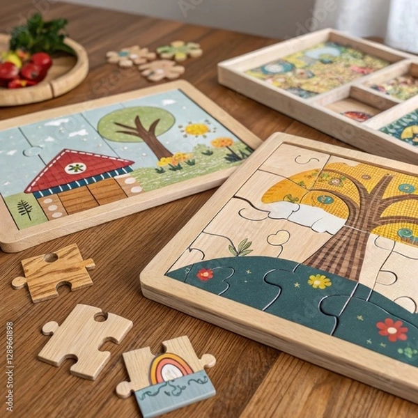 Fototapeta Colorful wooden puzzles for children with nature themes displayed on a wooden table