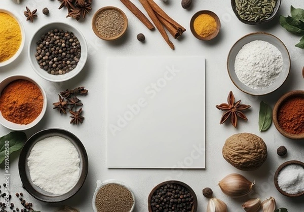Obraz Colorful Variety of Spices and Herbs Surrounding a Blank Canvas for Culinary Art or Recipe Display on a Rustic Table