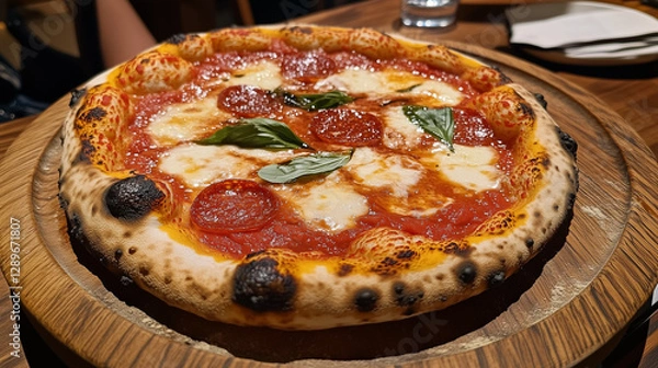 Fototapeta Photograph of a freshly baked pizza placed on a round wooden board, featuring a golden, crispy crust, melted mozzarella cheese, rich tomato sauce, and vibrant toppings such as pepperoni, olives.