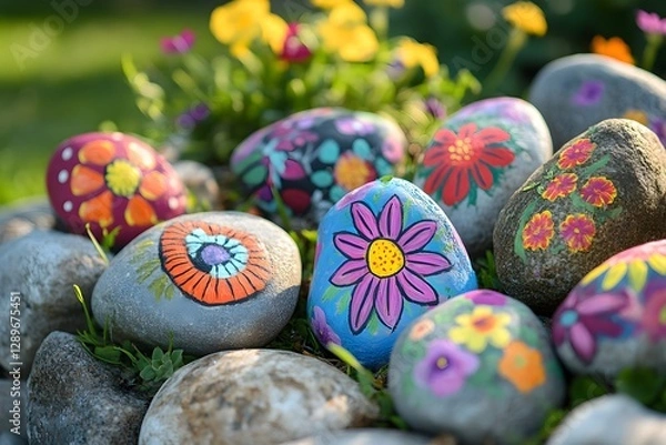 Fototapeta Painted Rocks in Garden: A vibrant collection of artistically painted rocks, adorned with colorful floral designs, nestled within a lush garden setting.