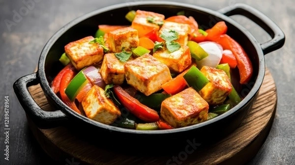 Fototapeta A vibrant Indian chilli paneer dish served with fresh ingredients, highlighting the rich colors and bold flavors of traditional cuisine.