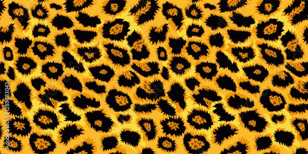 Fototapeta Seamless leopard, cheetah pattern, cat spots on yellow background, realistic vector texture, leopard fashion design
