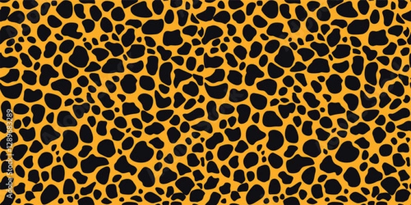 Fototapeta Seamless leopard, cheetah pattern, cat spots on yellow background, realistic vector texture, leopard fashion design