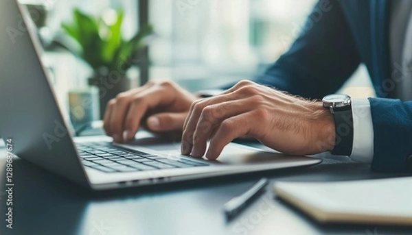 Fototapeta Caucasian Male Hands Typing On Laptop Keyboard With Touchpad, Notebook And Pen In Foreground. Business Man Working On Computer, No Face View.