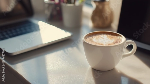 Fototapeta Energizing morning coffee rituals boost productivity with espresso on a modern desk illuminated by soft sunlight