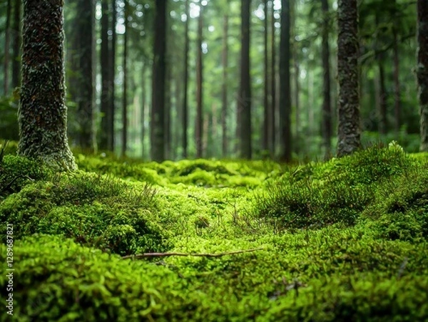 Fototapeta Mossy Green Forest with Trees in Sweden