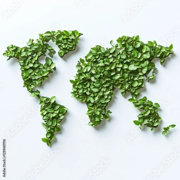 Fototapeta Creative World Map Using Green Leaves, Set on White Background