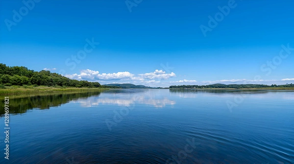 Fototapeta Calm Lake Under a Bright Blue Summer Sky