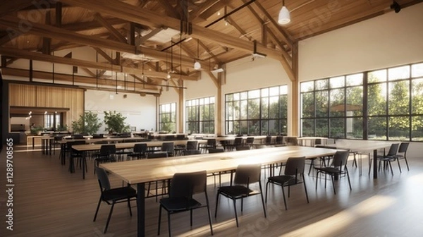 Fototapeta Modern timber-framed workspace with large windows, sunny interior, and rows of tables