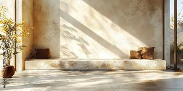 Fototapeta Minimalist Interior Scene with Cream Wall and Stone Slab under Soft Sunlight with Long Shadows