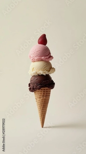 Fototapeta Triple scoop ice cream cone on white background