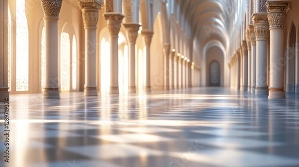 Fototapeta Serene Architectural Hallway with Beautiful Light and Intricate Design